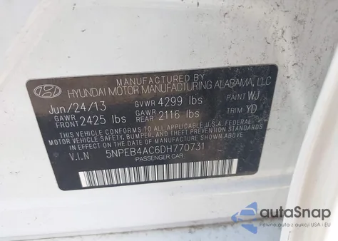 2013 Hyundai Sonata Gls z USA, uszkodzony, nr VIN 5NPEB4AC6DH770731